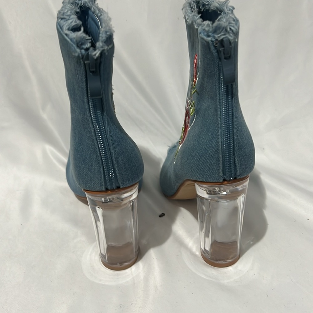 Glaze Denim Peep Toe Ankle Booties with Floral Embroidery & Clear Block Heel - Picture 6 of 12